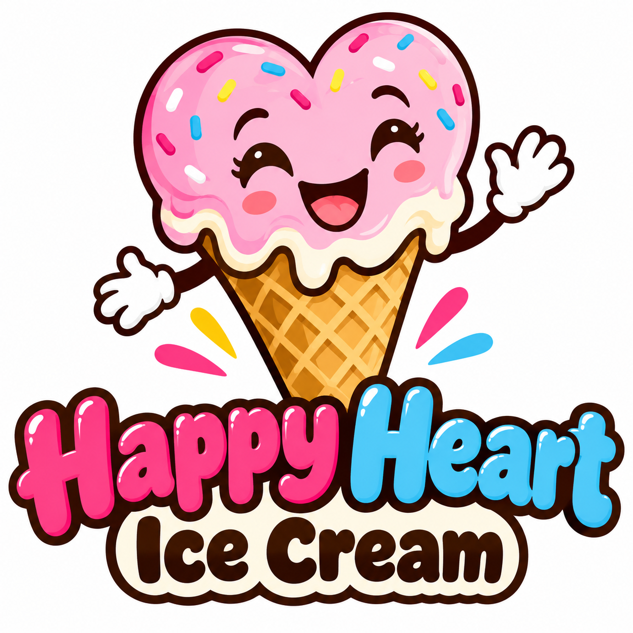 Our smiling pink heart-shaped ice cream mascot waving hello